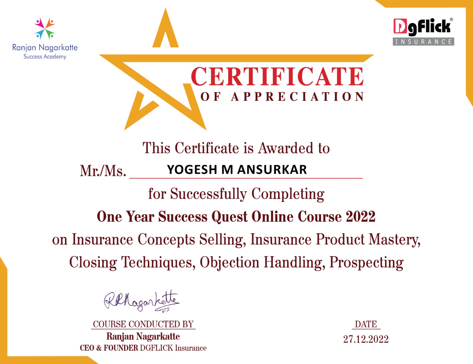 Attended One Year Success Quest Online Course 2022